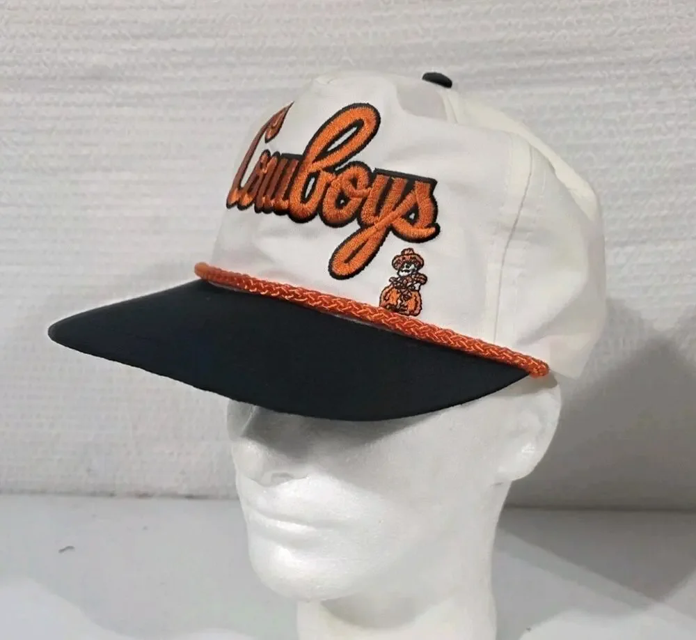 Vtg Oklahoma State Cowboys Script Snapback Cap White Orange Black NCAA Hat Cap